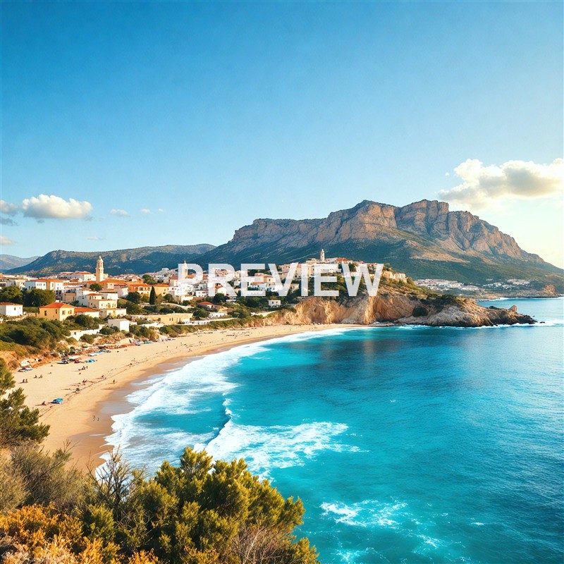 A coastal landscape featuring a sandy beach with gentle waves, a small town with white buildings and towers, and a large rocky mountain in the background under a partly cloudy sky.